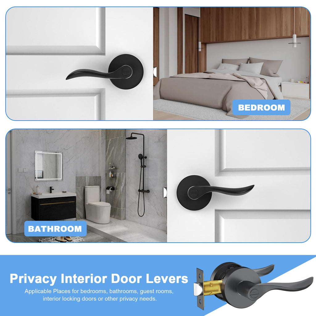 Privacy Door Levers, 6 Pack Black Door Handles Interior Door Levers Keyless Lockset, Heavy Duty Reversible Wave