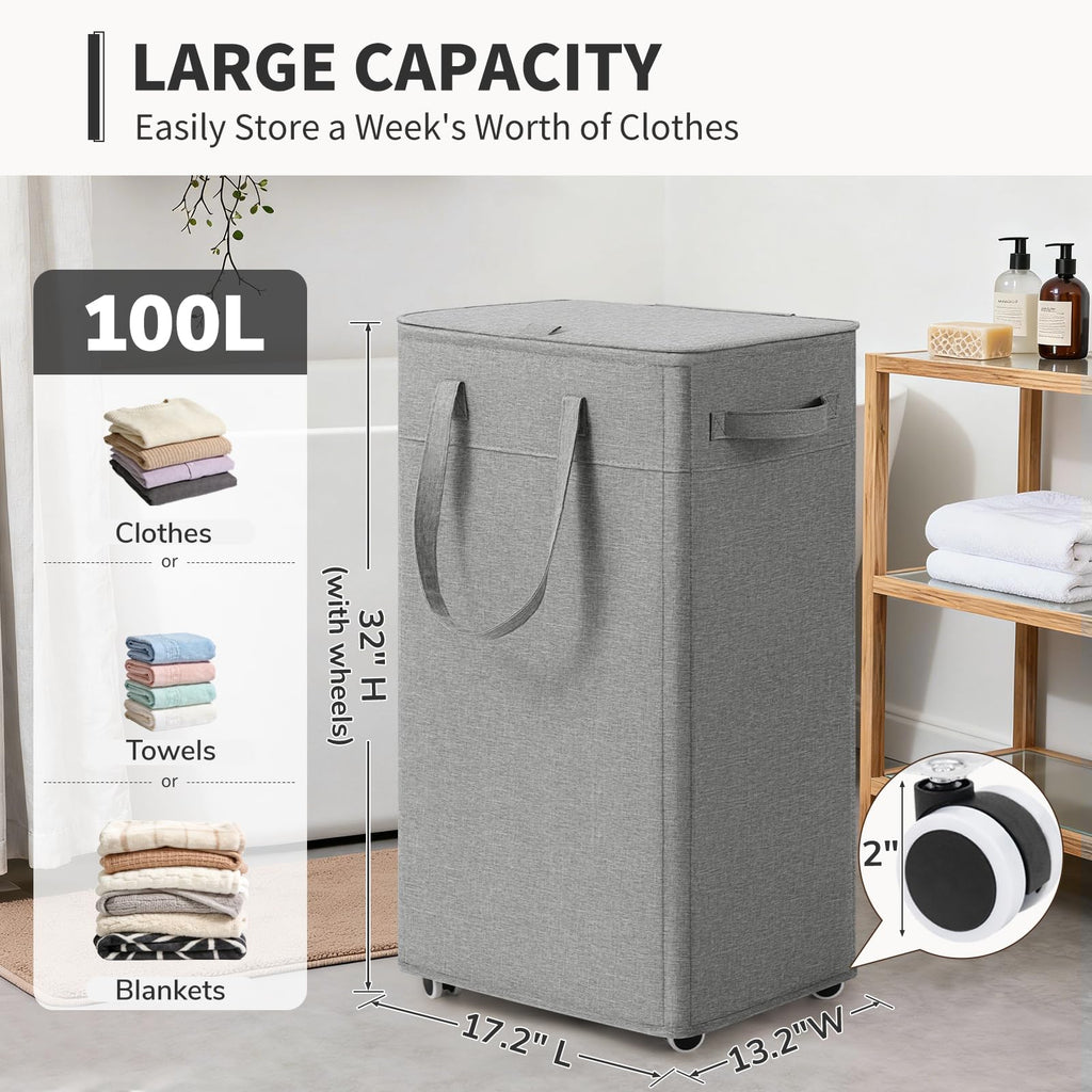 100L Large Rolling Laundry Basket with Wheels and Lid, Gray