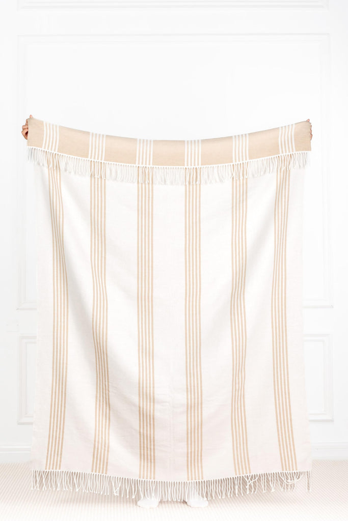 Coastal Decorative Throw Blanket Couch Sofa, Neutral Tan Vertical Stripes with Fringe, 52"x71"