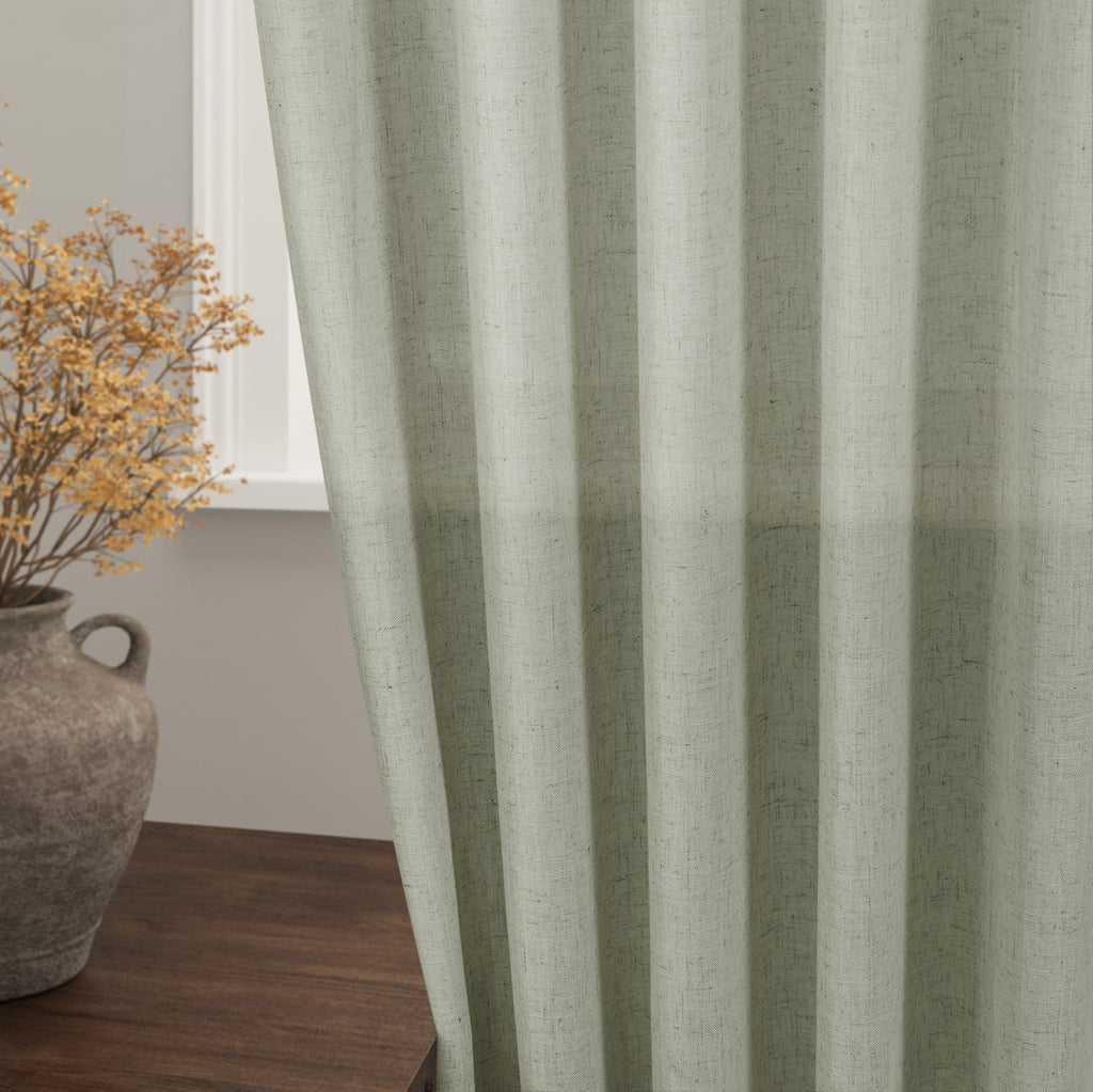 Sage Green Curtains 96 inches Long 2 panels Back Tab Rod Pocket Semi Sheer Linen Draperies Muted Neutral Room Decor