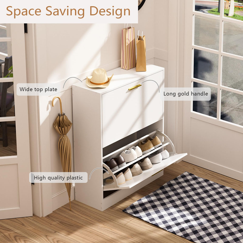 Modern Entryway Shoe Cabinet with 2 Flip Drawers and Top Display, White丨Free Standing Tipping Bucket Shoe Rack