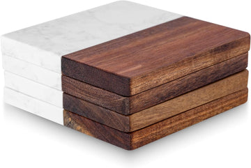 Marble Coasters: 4-piece Set of Acacia Wood Marble Coasters, Suitable for Kitchens, Offices, and can be Used as Gifts - Set of 4