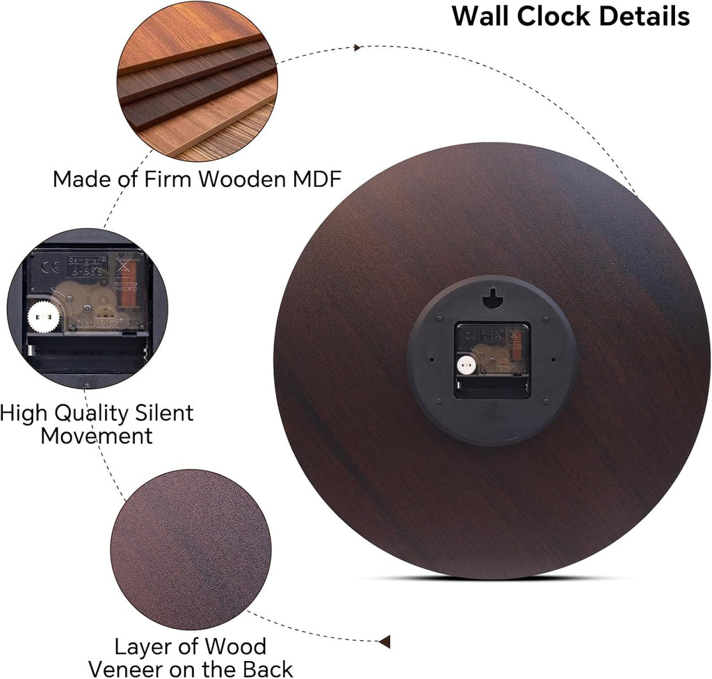 14 Inch Retro Vintage French Country Style Round Wooden Wall Clock Silent Battery Operated Non-Ticking Decorative