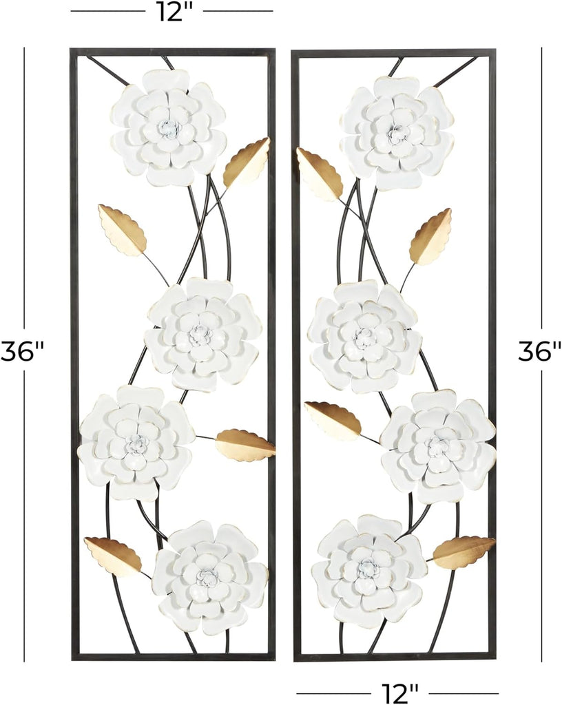Metal Floral Home Wall Decor Dimensional Floating Wall Sculpture with Black and Gold Accents Wall Art 12"W - Set of 2