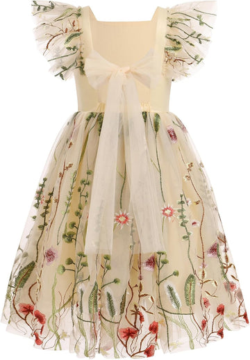 Toddler Flower Girl Dress for Wedding Floral Butterfly Daisy Flutter Sleeve Princess Birthday Tea Party Sundress