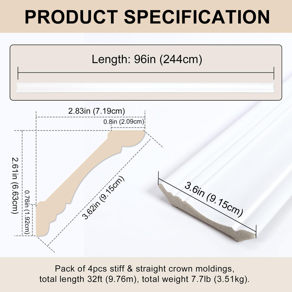4 Pack Ceiling Crown Molding Trim Decor, 96" Long x 3.6" Face