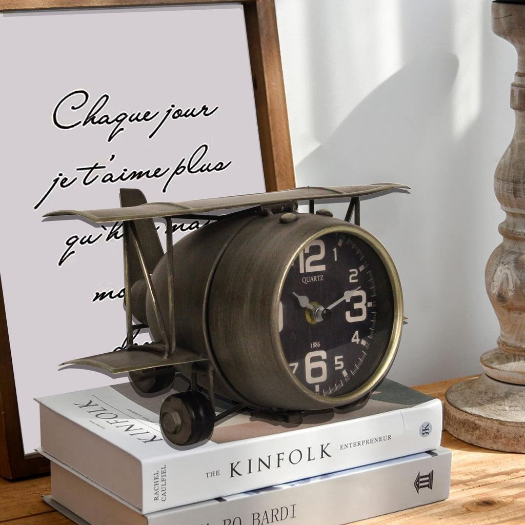 Airplane Metal Tabletop Clock Industrial Home Decor Accents for the Mantel, Shelf, Desk, or Any Table Top, Battery
