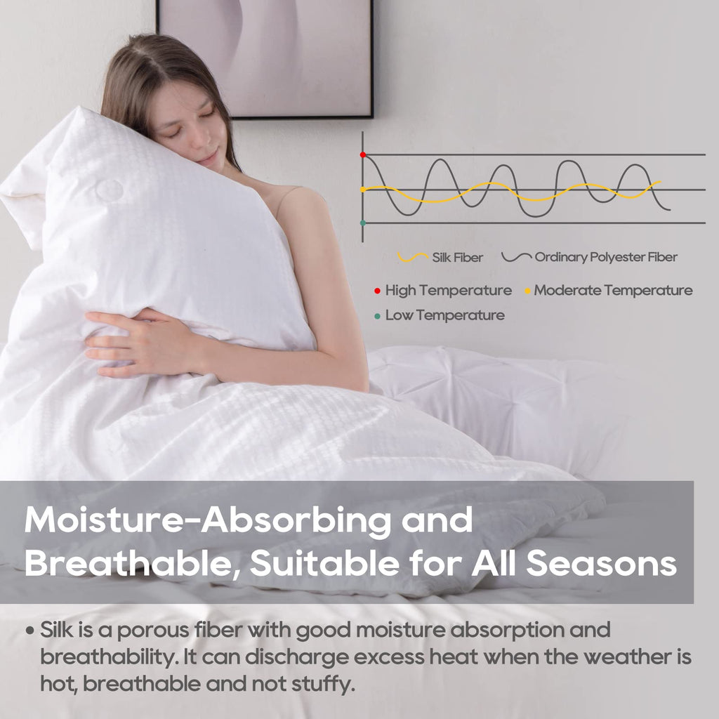 Luxury Silk Comforter for All Season - Cooling Duvet Insert, Lightweight Body Hugging Blanket, Ultra Soft Long Strand