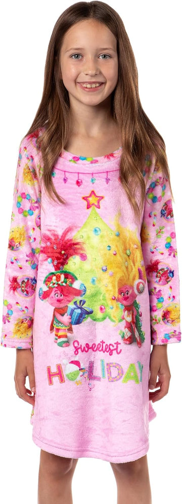Trolls Girl's Sweetest Holiday Poppy And Viva Plush Fleece Raglan Kids Pajama Nightgown