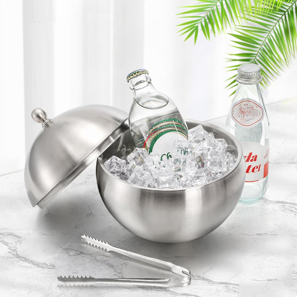 Ice Bucket with Lid, Double Insulation Ice Box Container Storage Box, 2 L Stainless Steel Ice Bucket Container