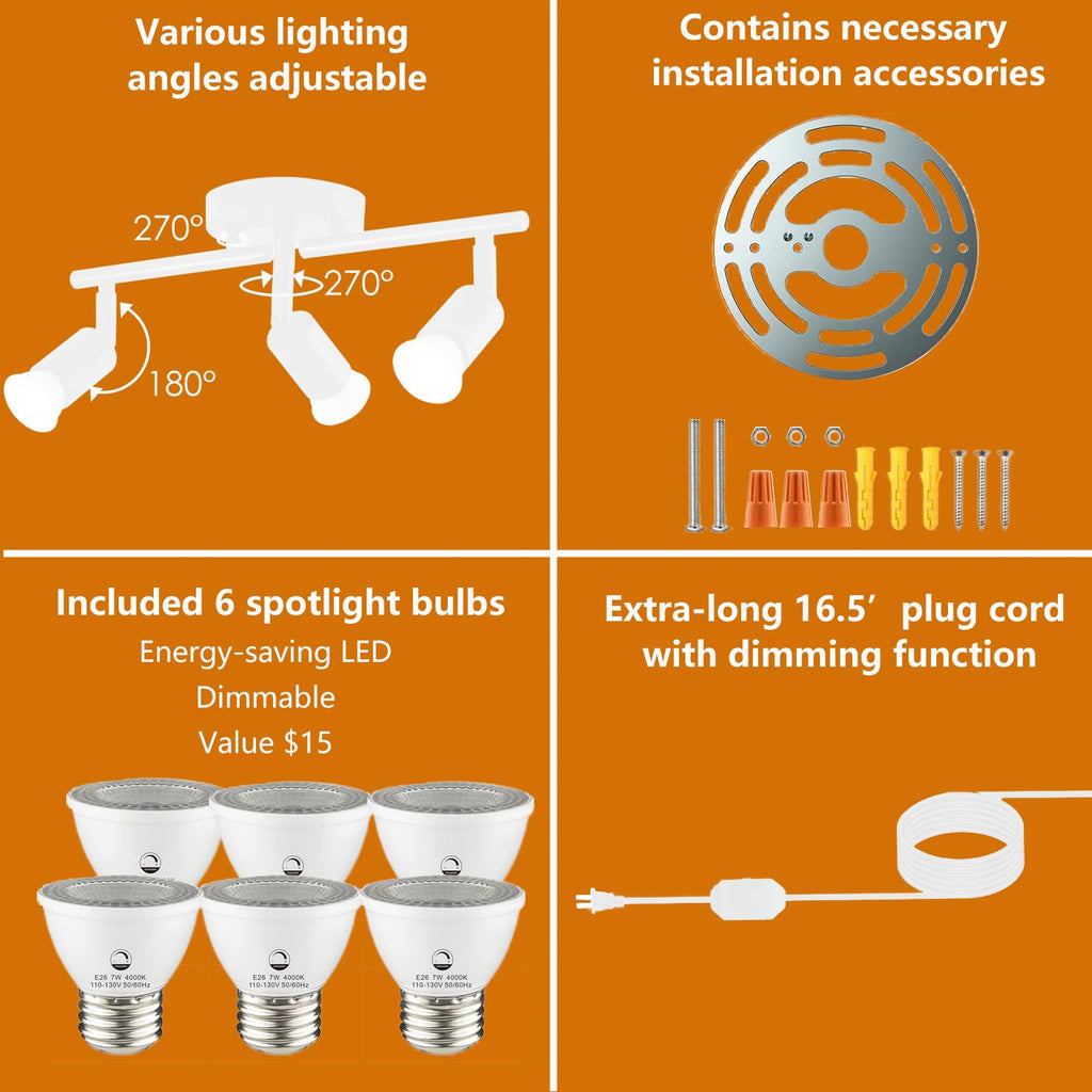 Dimmable Plug in Track Lighting,Plug in Ceiling Light Fixture,Balck 6 Light Track Light with 16.4' Long Cord,Dimming
