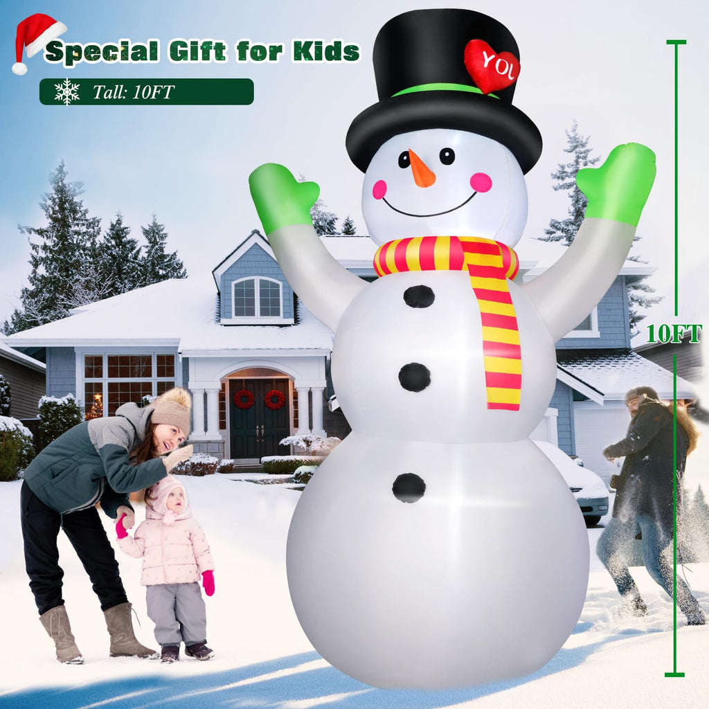 10FT Christmas Inflatables Snowman Wear Magic Hat, Blow Up Outdoor Decorations, Giant Snow Man Built-in Bright LED