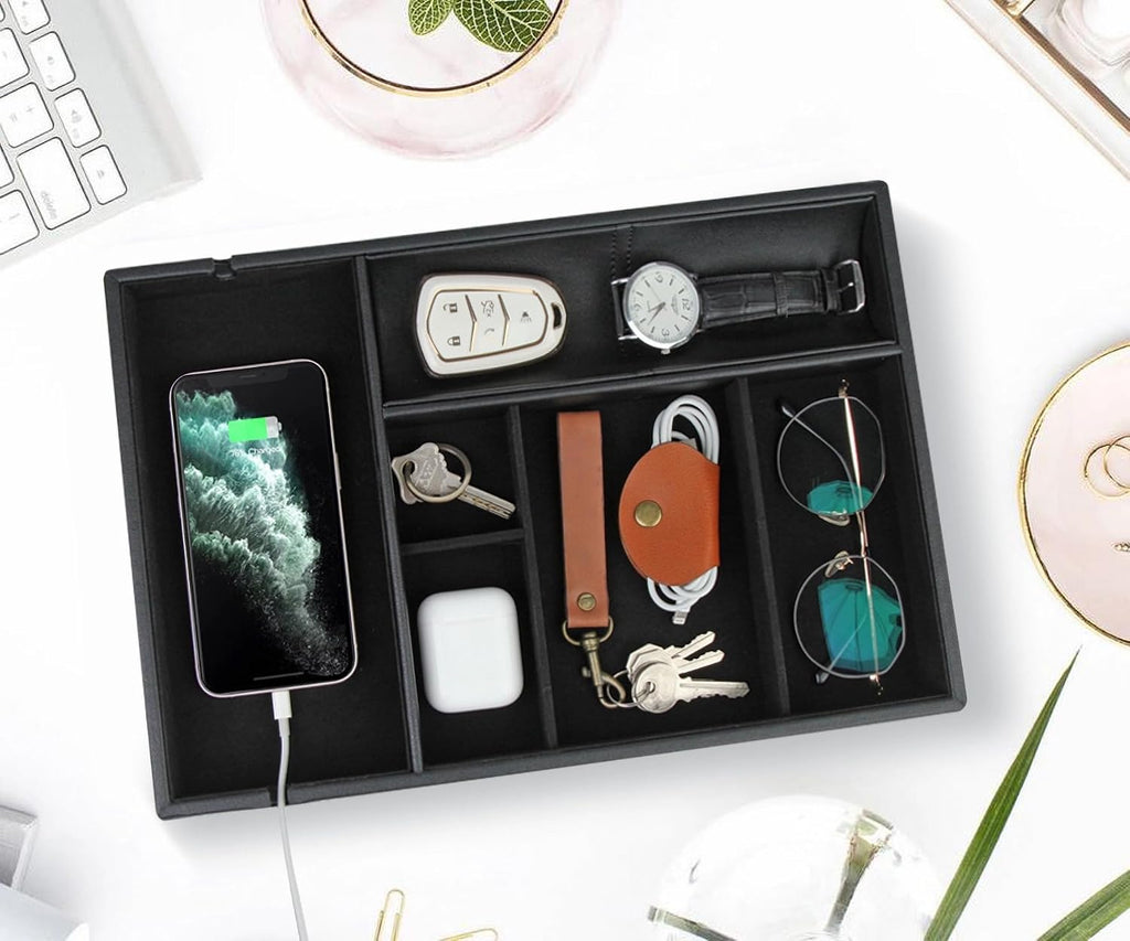 Faux Leather Valet Tray for Gift, Nightstand Organizer Decorative Dresser Tray Box with Phone Charging Station