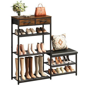 Shoe Rack Bench Shoe Rack, Cushioned Entryway Shoe Storage with 2 Drawers & 5-Tier Organizer, Metal Frame Wood Top