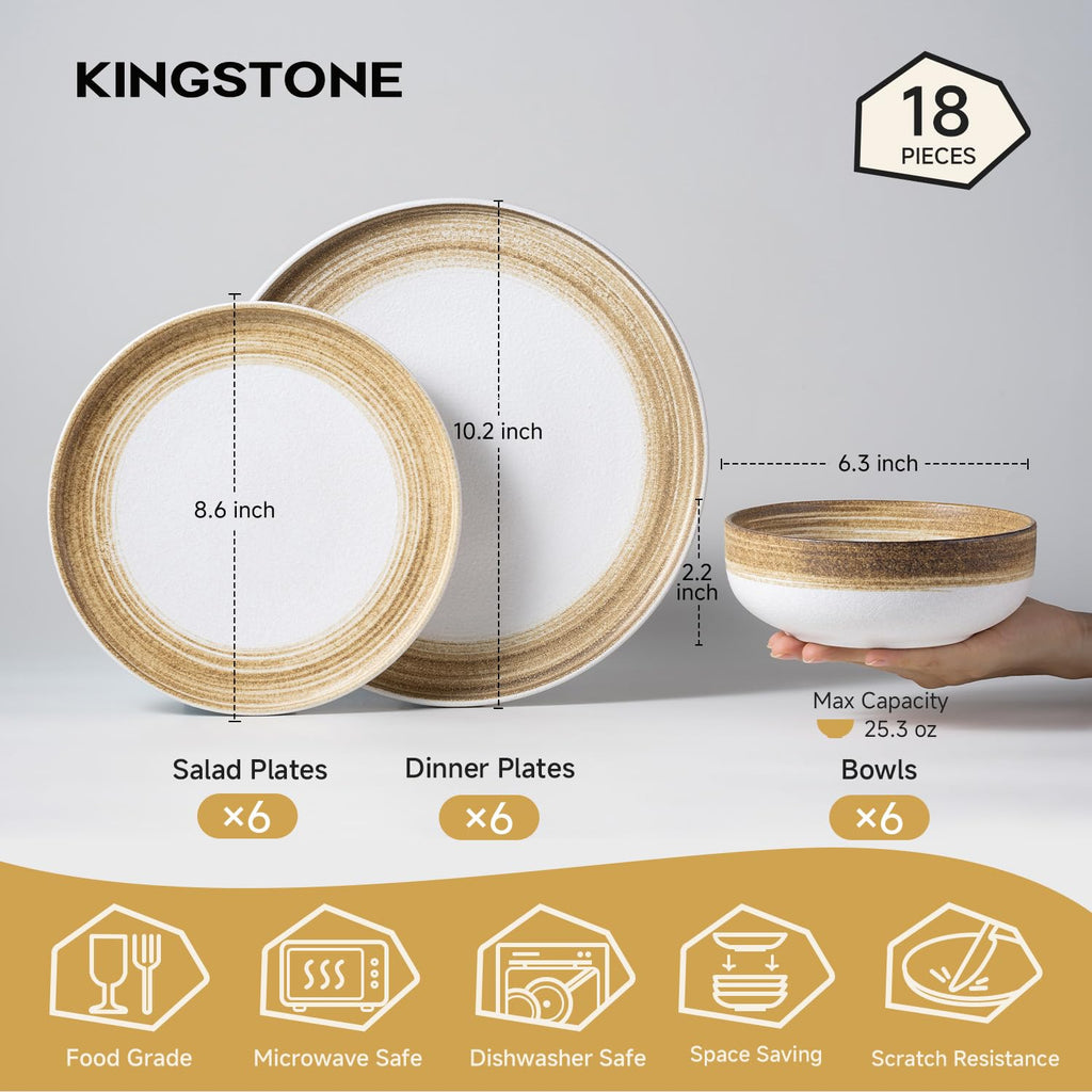 Stoneware Dinnerware Set for 6, 18-Piece Ceramic Plates & Bowls
