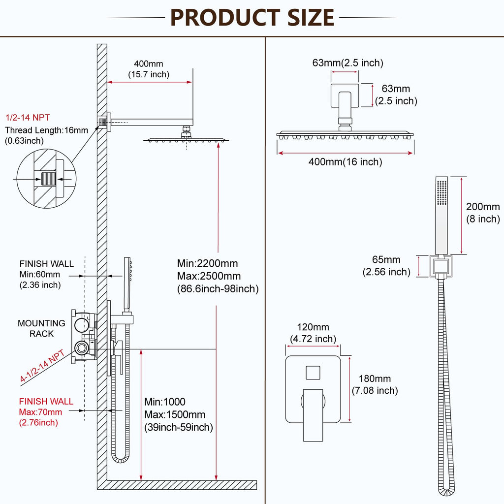 Shower Faucet Set with Handheld Sprayer,16 Inch,Polish Chrome