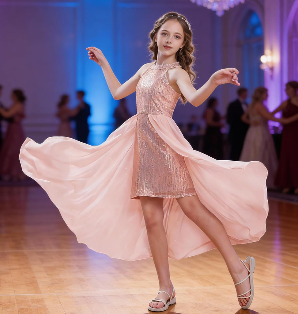 Girls Halter Neck Sequin Dress Kids Fancy Formal Party Christmas Sparkly Pageant Birthday Dresses
