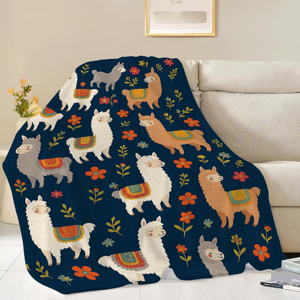 Llama Blanket, Alpaca Throw Blanket, Flower Gifts Blankets Stuff Fleece Flannel Plush for Girls Women Men Boys Lovers