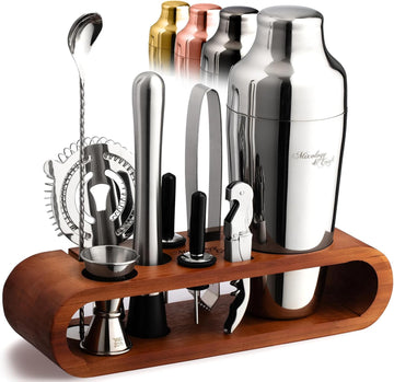 Cocktail Shaker Set with Dark Bamboo Stand - Professional 10-Piece Bartender Kit - Complete Bar Set & Cocktail Mixer