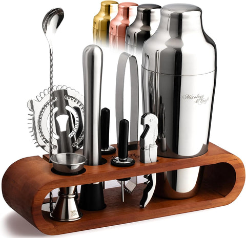 Cocktail Shaker Set with Dark Bamboo Stand - Professional 10-Piece Bartender Kit - Complete Bar Set & Cocktail Mixer