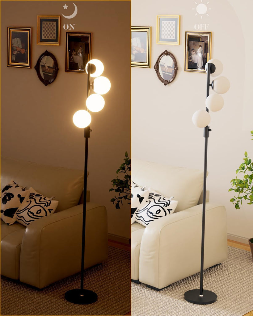 Black Globe Floor Lamp Dimmable 64IN Tall Standing Lamps with Soft Warm White Eye Care 3000K G9 Bulbs, Mid Century