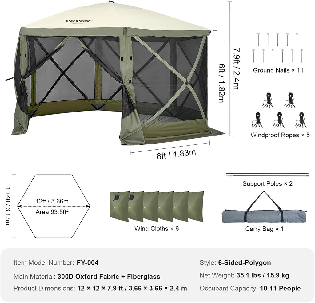 12x12ft Pop Up Gazebo Tent with Mosquito Netting, 6 Removable Wind Panels & 2 Mesh Windows