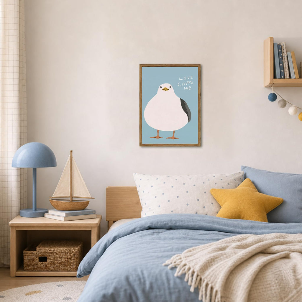 Funny Seagull Wall Art, Love Chips Me Quotes Wall Decor Painting Cute Beach Animal Poster Canvas Prints Picture