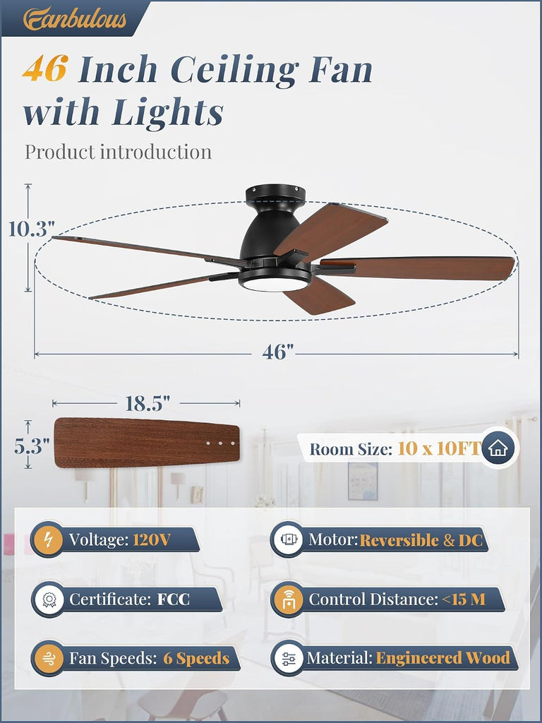46 Inch Flush Mount Ceiling Fan, 3CCT 20W LED Light