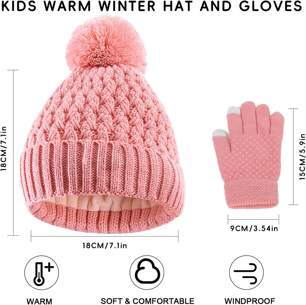 Kids Winter Hat and Gloves Set, Girl Warm Knit Beanie with Pom Fleece Lined for Toddler Boys Girls