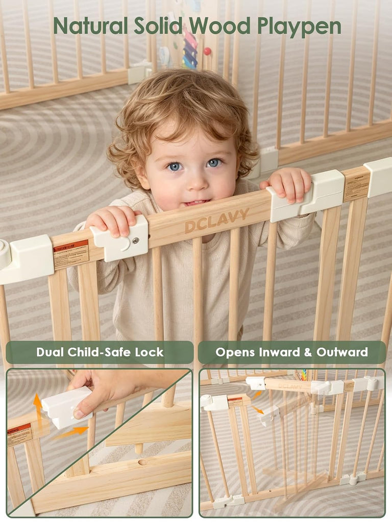 Foldable Baby Gate Playpen, Wooden Play Yard for Babies and Toddlers | Child-Safe Lock, Pre-Assembled for Quick