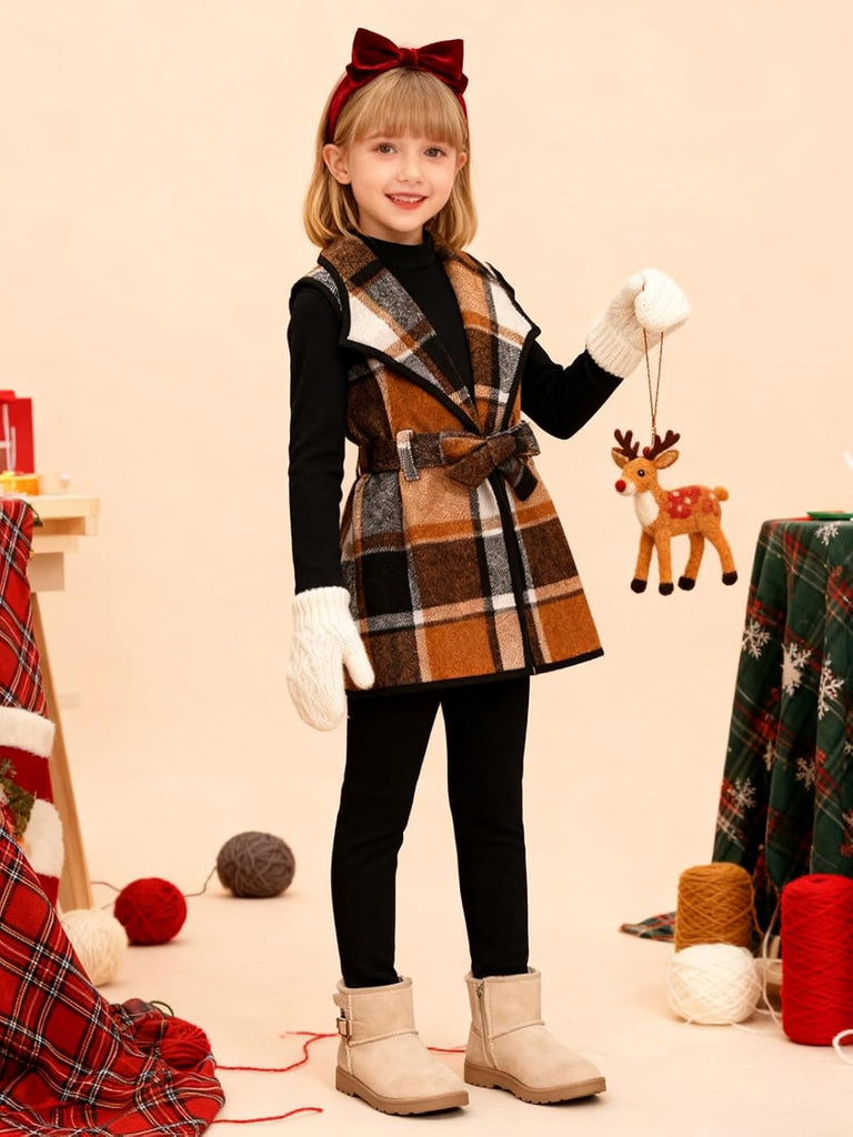 Kid Girls Clothes 3 Piece Outfits Plaid Flannel Belted Vest & Long Sleeve Top and Pants- Fall Clothing Sets
