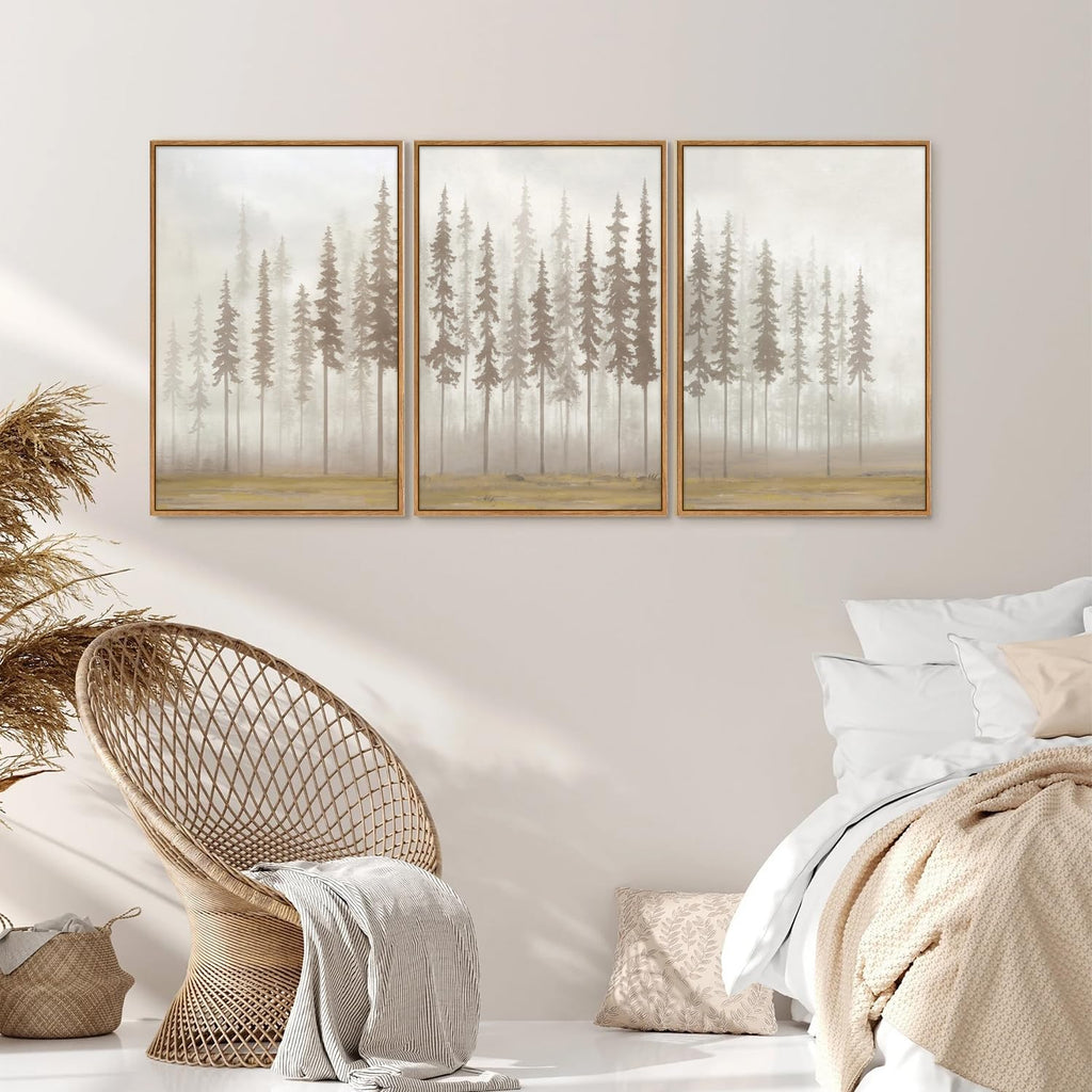 Large Pine Tree Framed Canvas Wall Art Set, Foggy Forest Landscape Wall Decor, Modern Beige Nature Artwork, Misty
