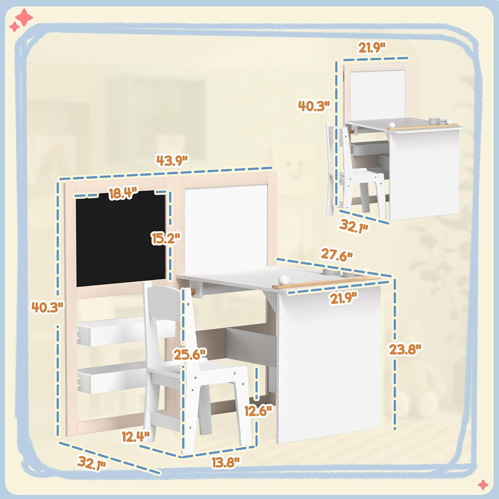 In-1 Kids Table and Chair Set with Storage, Whiteboard and Blackboard