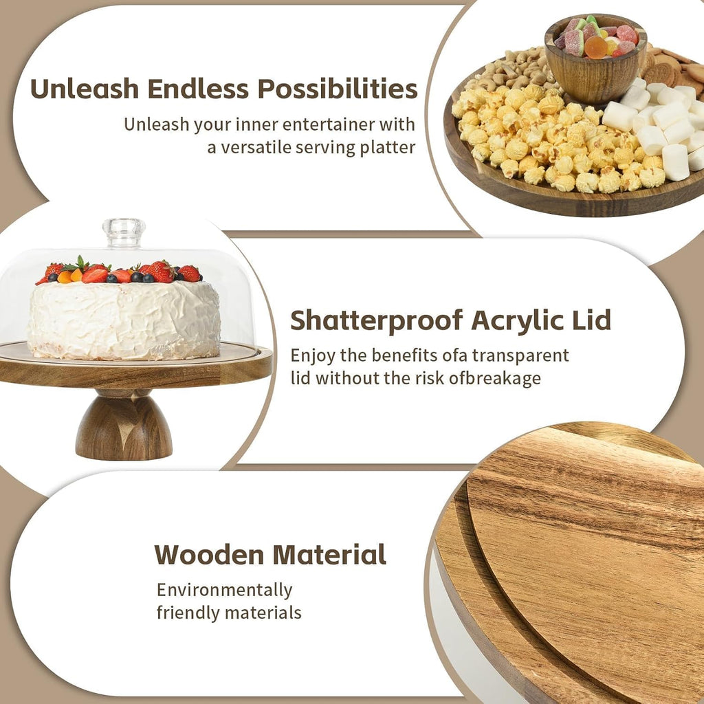 Acacia Wood Cake Stand with Acrylic Dome Lid,12 inch Round Dessert Table Display Set,2-In-1 Cake Plate with Cover