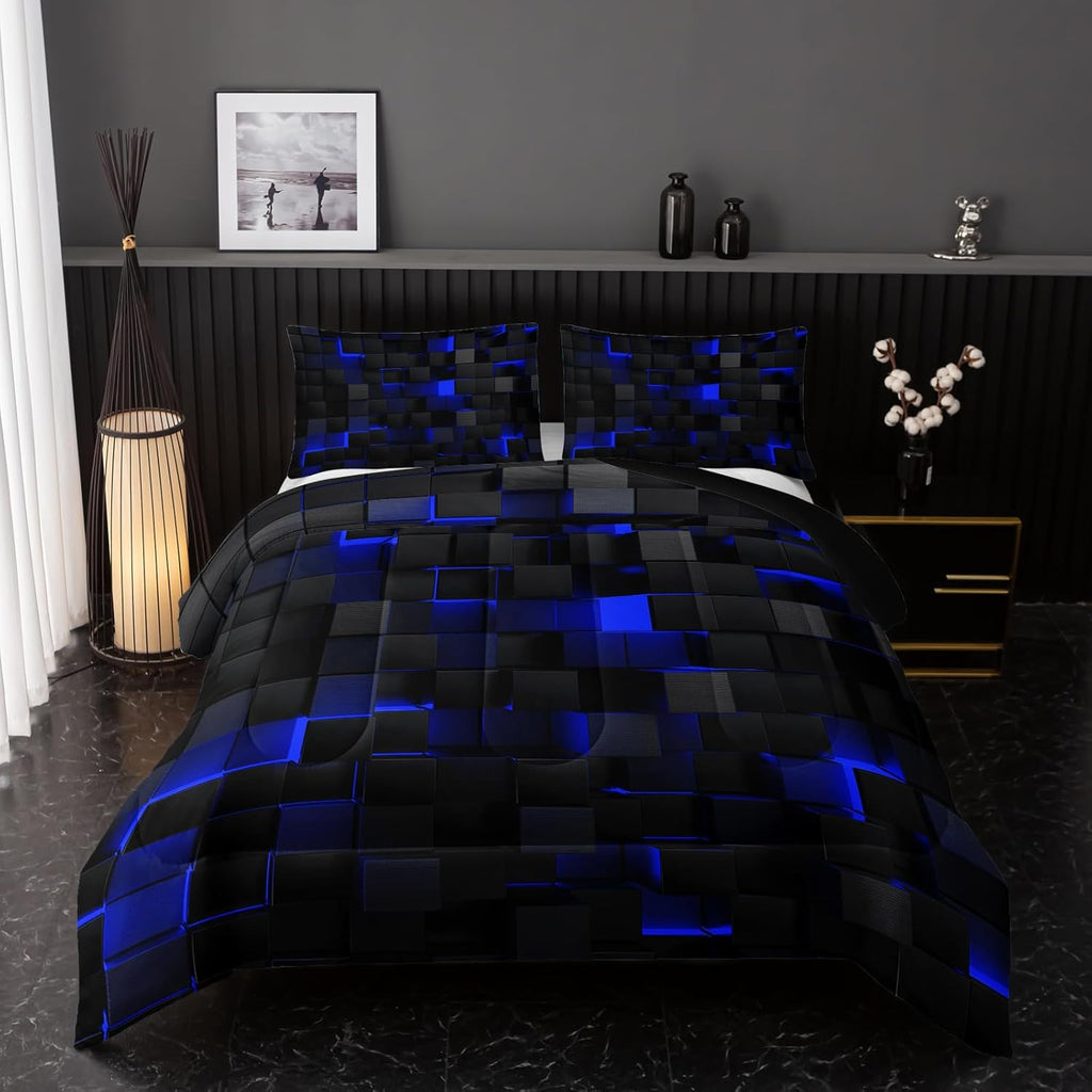 Neon Blue Black Comforter Set Full Geometric Kids Bedding Set,3 PCS Geometry Honeycomb Bed Set Modern Quilt Set 1