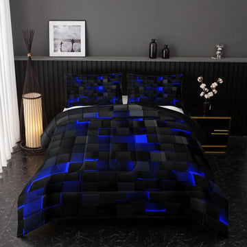 Neon Blue Black Comforter Set Full Geometric Kids Bedding Set,3 PCS Geometry Honeycomb Bed Set Modern Quilt Set 1