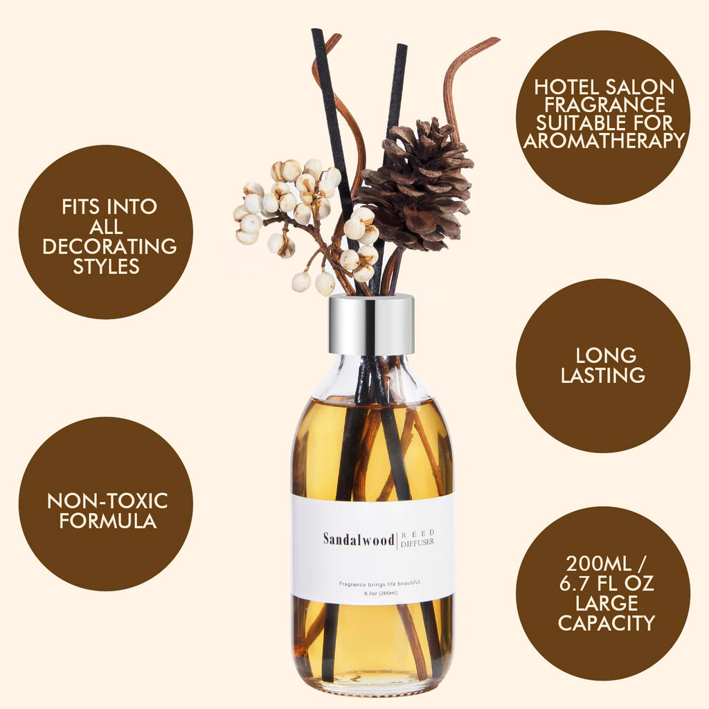Reed Diffuser Set, 6.7 oz Sandalwood Scented Diffuser with Sticks, Home Fragrance Reed Diffuser Shelf Decor