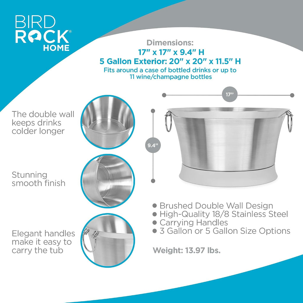 Double Wall Beverage Tub - Stainless Steel Ice Bucket, Metal Drink Cooler with Handles, for Parties & Events