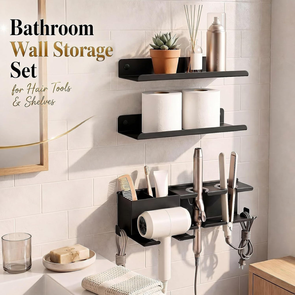 Set of 3 Hair Dryer Holder Wall Mounted with 2 Floating Shelves, 1 Metal Hair Tool Organizer for Blow Dryer, Curling
