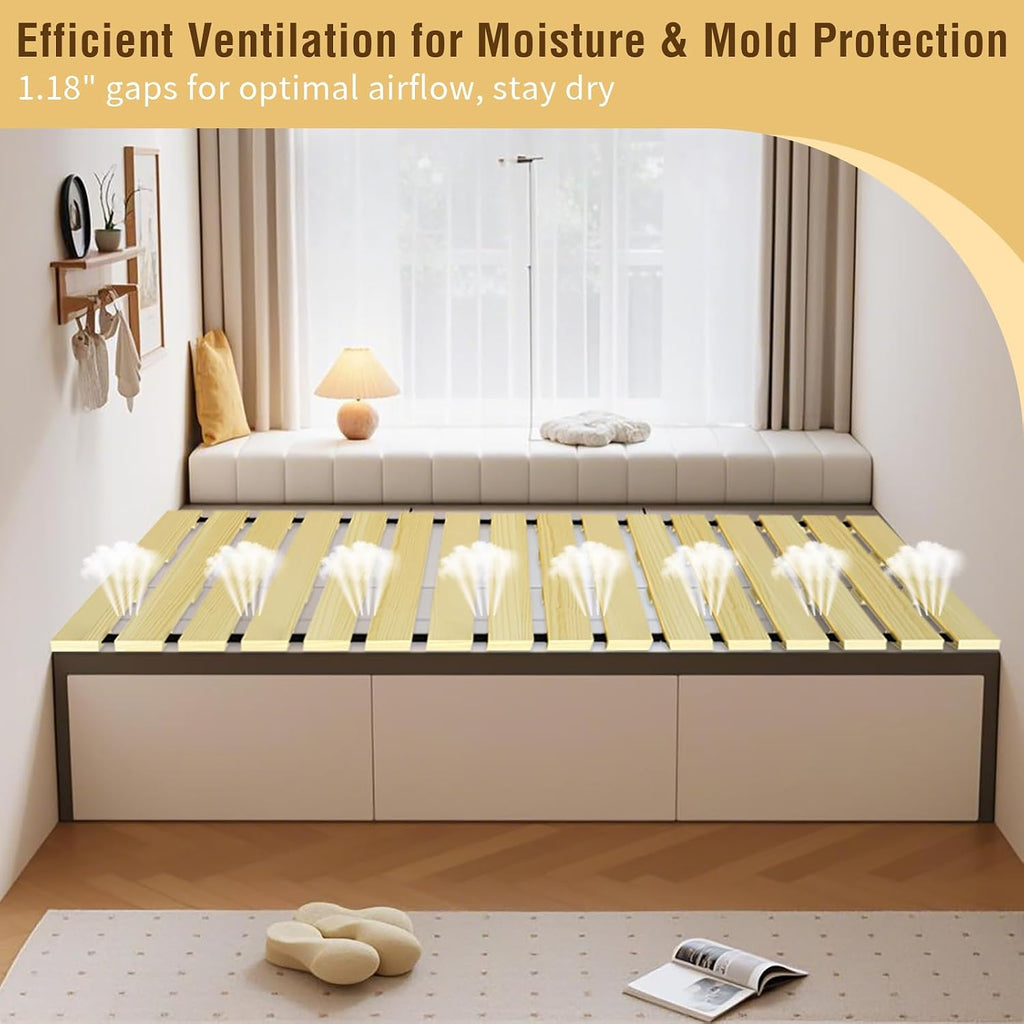 Tatami Mat Floor Bed, Knotless Solid Wood, Roll-Up Slatted, Bed Plate with 2 Storage Straps, Moisture-Proof and