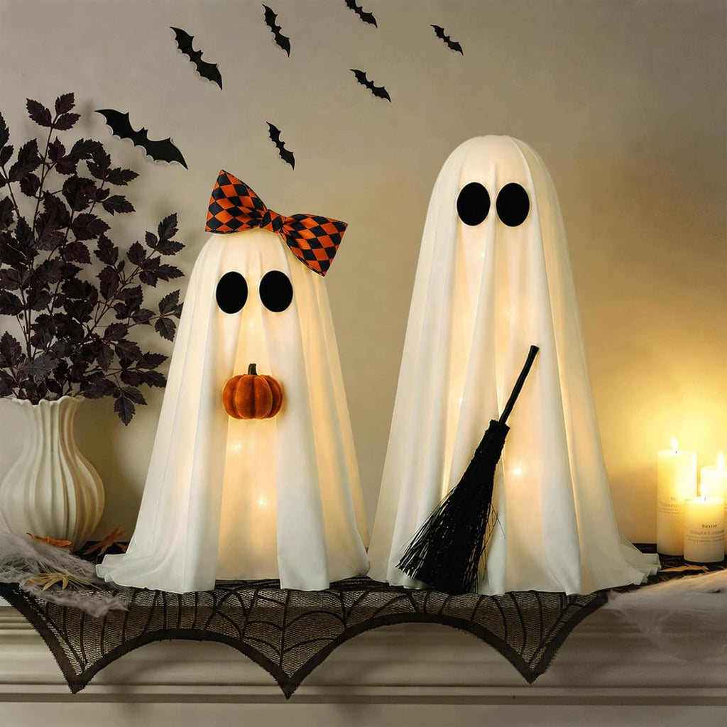Halloween Decorations Indoor, 2 Pack Lighted Ghost Decor with Broom Pumpkin - Set of 2