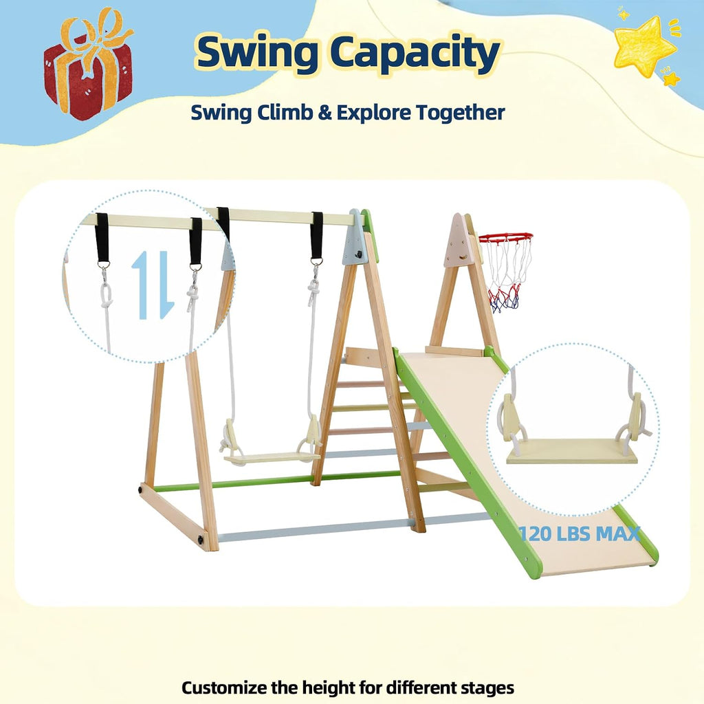 Montessori Climbing Set with Slide, Swing & Basketball Hoop, Ages 1-7