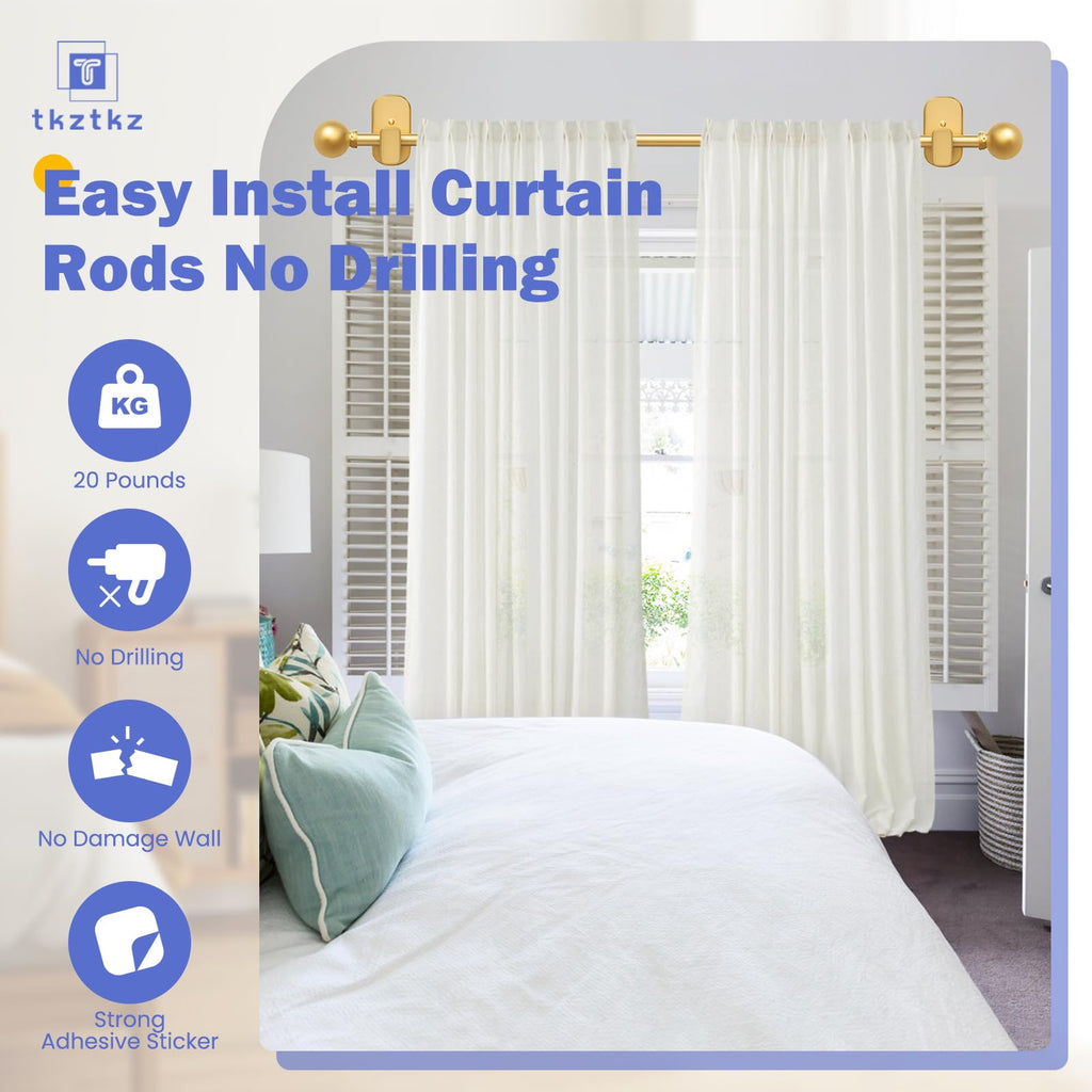 Curtain Rods No Drilling with Adhesive Brackets, Adjust 32-60", Gold
