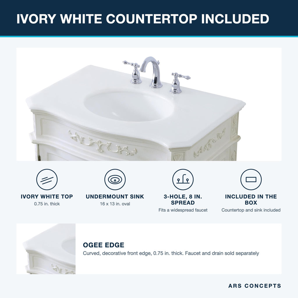 Fallon 32 Inch Pre-Assembled Bathroom Vanity with Single Sink and Engineered Marble Top, Solid Wood and MDF, Antique
