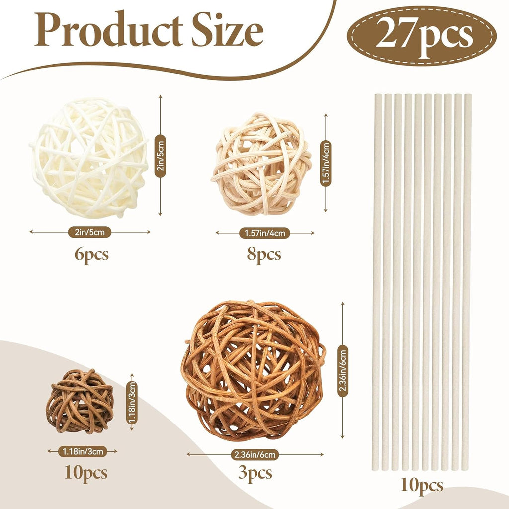 Woven Rattan Decorative Balls, 2.4" Wicker Orbs for Bowl Centerpieces & Vase Fillers, Neutral Brown & White - Set of 27
