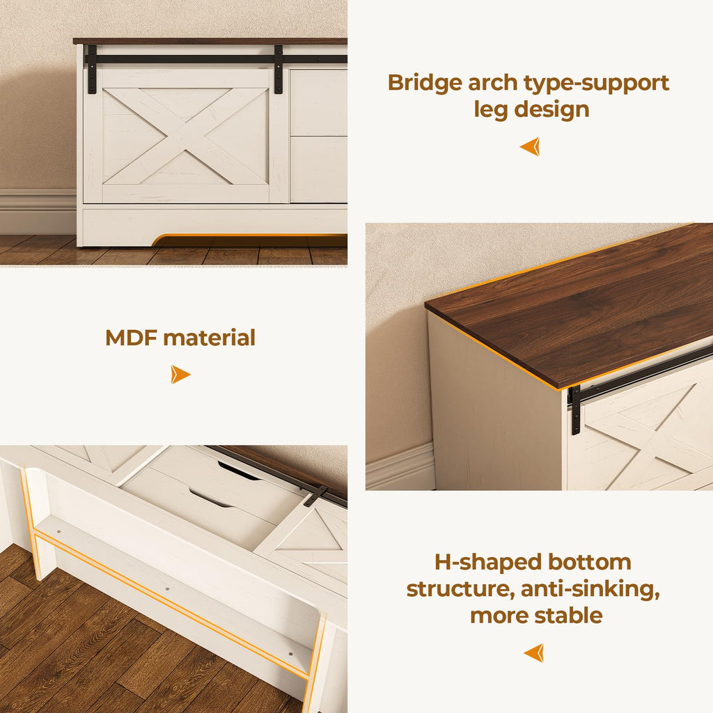 60" Farmhouse Storage Bench with Cushion, Shoe Rack with Slide Barn Doors, Adjustable Shelf and 2 Drawer for Entry