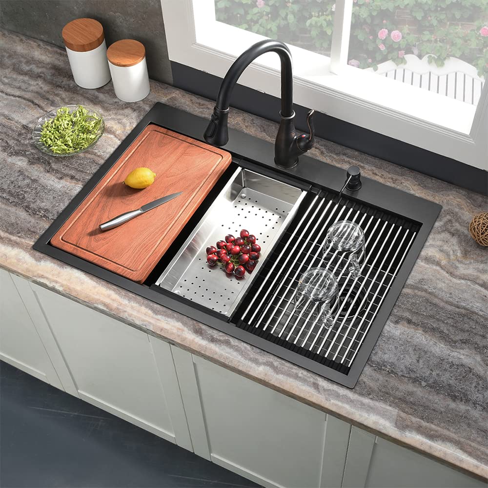33 Inch Black Drop Sink Offset Drain, 33x22 Drop In Workstation 16 Gauge Stainless Steel Top Mount Single Bowl Sink