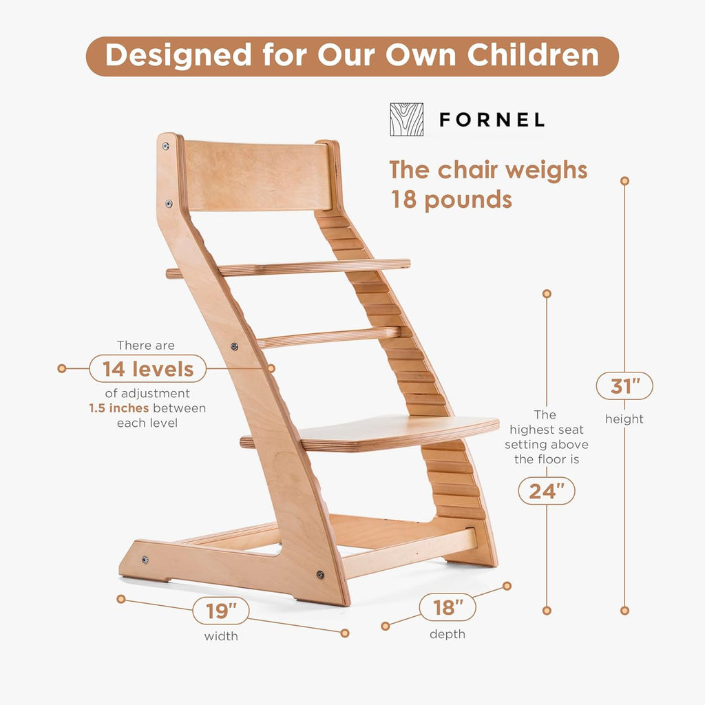Scandinavian Wooden High Chair for Toddlers & Kids | Adjustable Grow-with-Me Montessori Seat for Dining Table |
