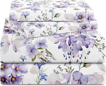 King Sheets Set, Luxury 1800TC Hotel Quality Double Brushed Microfiber Floral Bed Sheets for King Bed, Ultra Soft