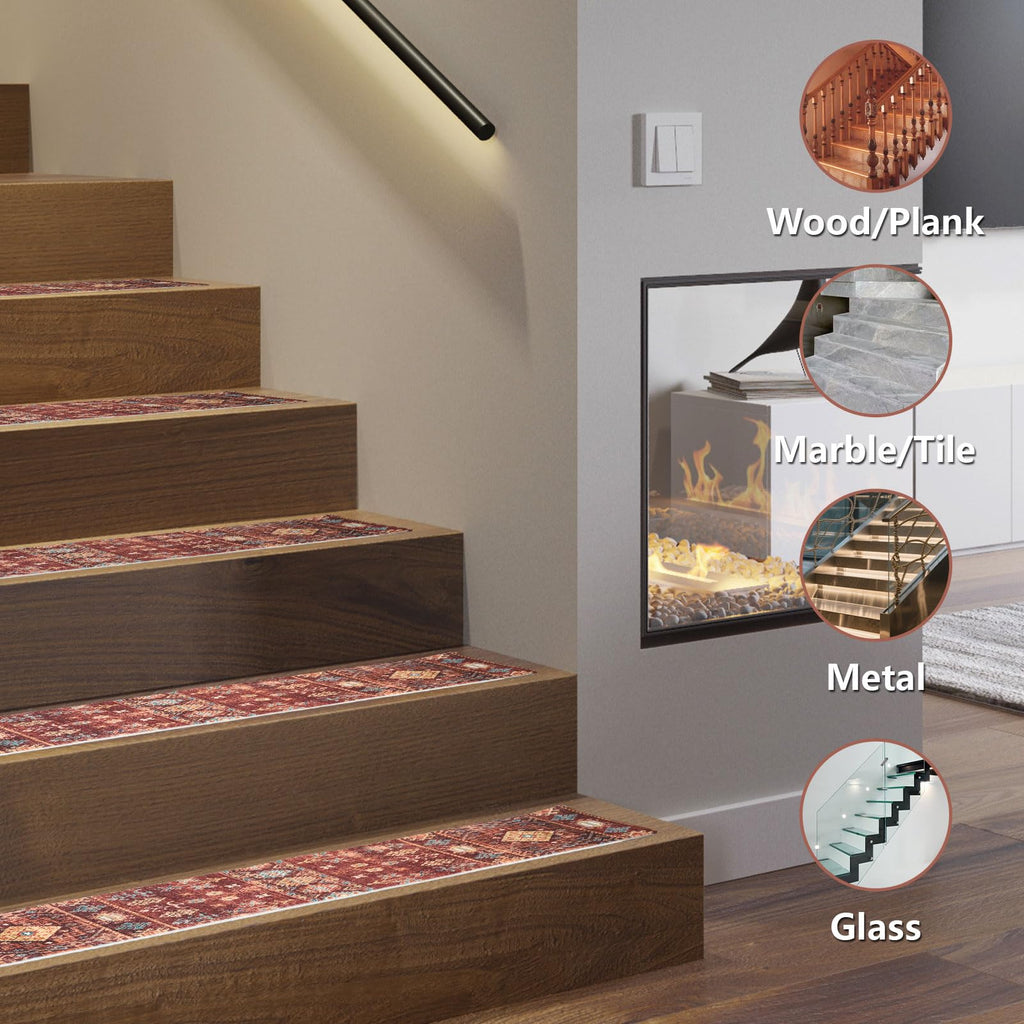 Stair Treads for Wooden Steps, Boho Brown Red, 8x30 inch, Pack of 15